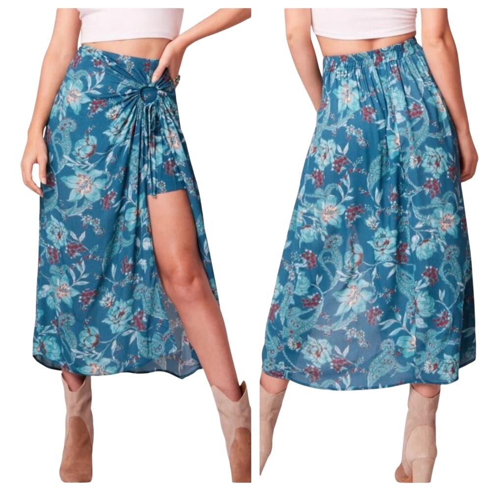 Band of the Free Celene Layered Floral Midi Skirt with Slit Deep Teal XS New